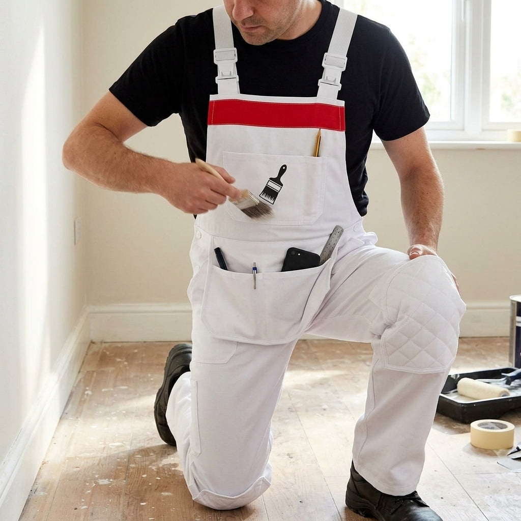 White cotton drill bib and brace overalls with knee pads